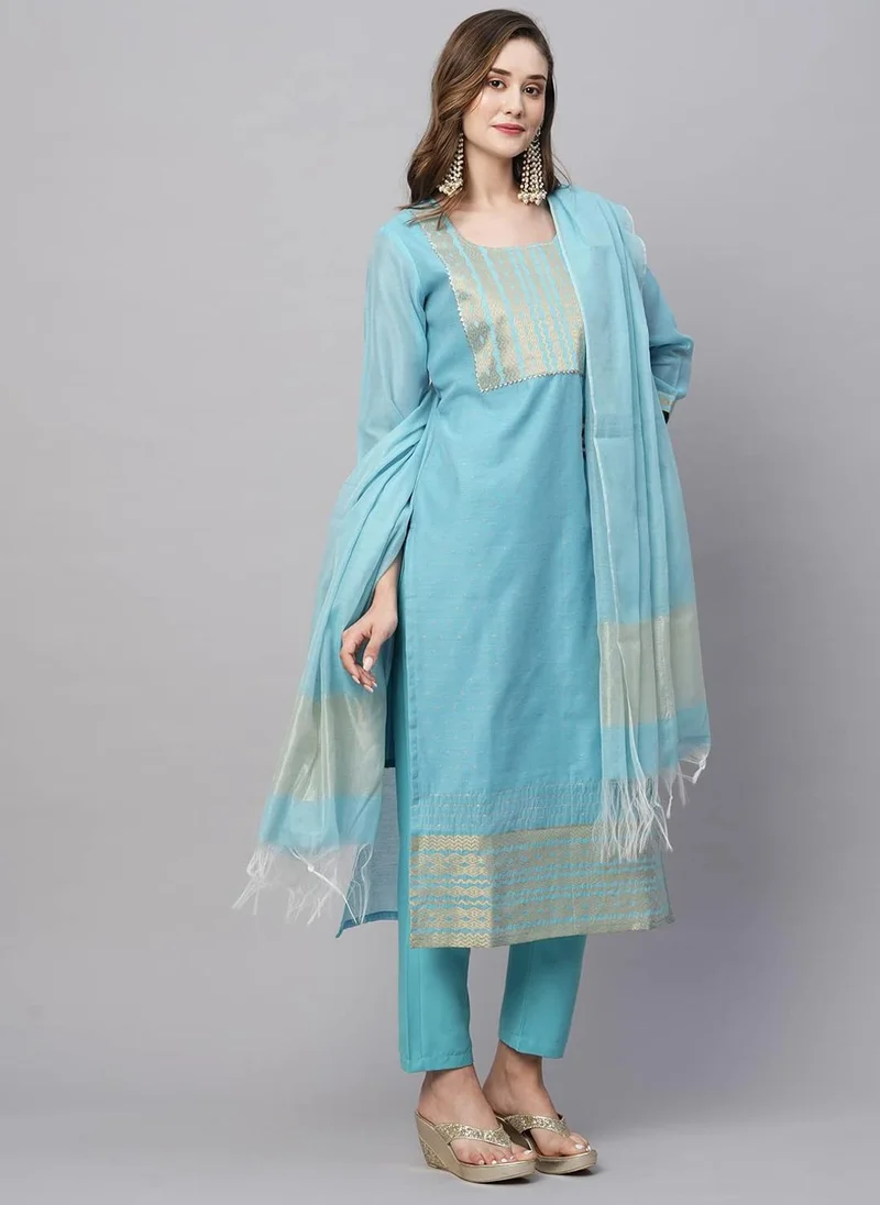 GoSriKi  GoSriKi Women's Organza Straight Solid Kurta with Pant & Dupatta (LAHAR-FIROZI-GS_S_Sky Blue_Small) for Women | Best Price UAE